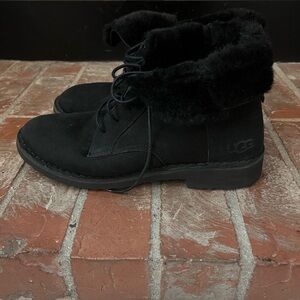 UGG Black Suede Lace-Up Shearling Cuff Ankle Boots